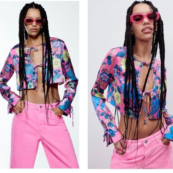 ZARA fuchsia satin effect printed crop top floral flowers S NWT - Picture 2 of 10